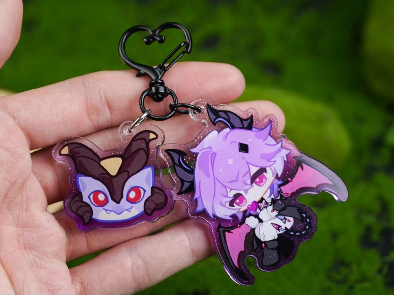 Genshin Impact Durin & Bat Companion Glitter Acrylic Keychain Set --Themed Charm for Fandom Fans, gift for her