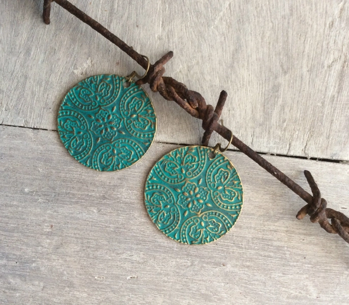 Boho Turquoise Patina Disc Earrings, Bohemian Jewelry
