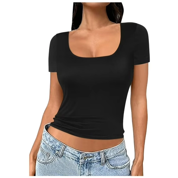 DuoJiaJ Women's Square Neck Short Sleeve Double Layer Tops Basic Slim Fit Going Out T Shirt Push Up Bras Black