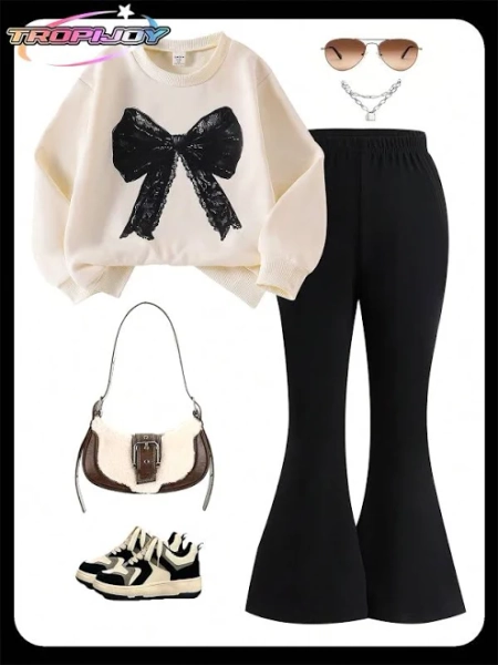 SHEIN Girls Bow Print Long Sleeve Top and Flare Leg Pants