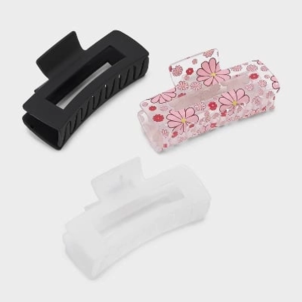 Flower and Solid Rectangle Claw Hair Clip Set 3pc - Wild Fable™ Pink/Black/White: Plastic Hair Accessories