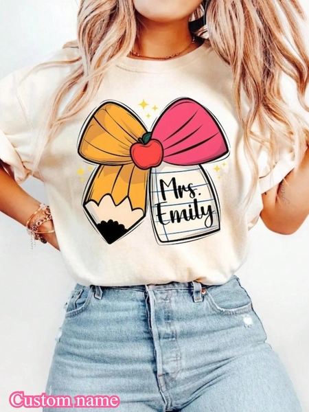 1pc Custom Teacher Coquette Bow Shirt, Personalized Teacher Name Shirt, Pencil Paper Apple Bow, Gift For Teacher, Back To School