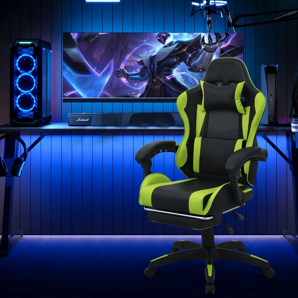 MoNiBloom Ergonomic High-Back Swivel PC Chair with Footrest, Headrest & Lumbar Support - Adjustable Height, Green Upholstery, 360° Swivel Base, 5-Wheel Rolling Base for Office & Gaming, Ergonomic Office Chair, Modern Aesthetic, Durable Construction