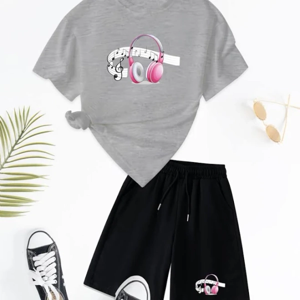 Cartoon Headphone With Music Notes Graphic Print Girls' Trendy & Comfy Outfit