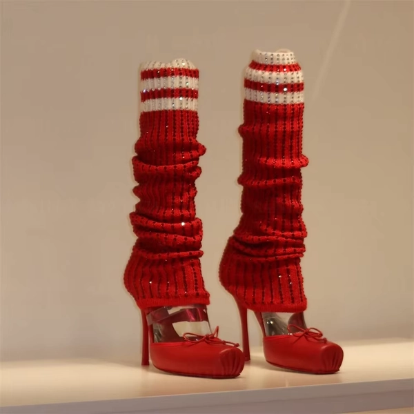 2026 New Arrival Women's Multicolor Bling Socks Mid-Calf Boots Ballerina Bow Crepe Square Toe High Heel Pumps Elegant Boots - AliExpress 322