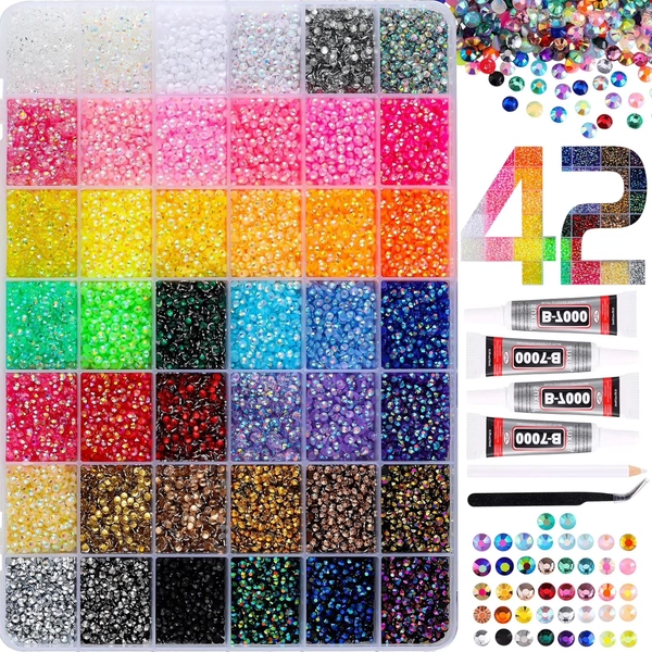 37800pcs Bedazzling Kit with 42 Colors Resin Jelly Rhinestones, 4×10ml B7000 Jewelry Glue Multicolor 3mm Flatback Sparkling Gems for Nail Art, Crafts, Clothing, Diamond Painting
