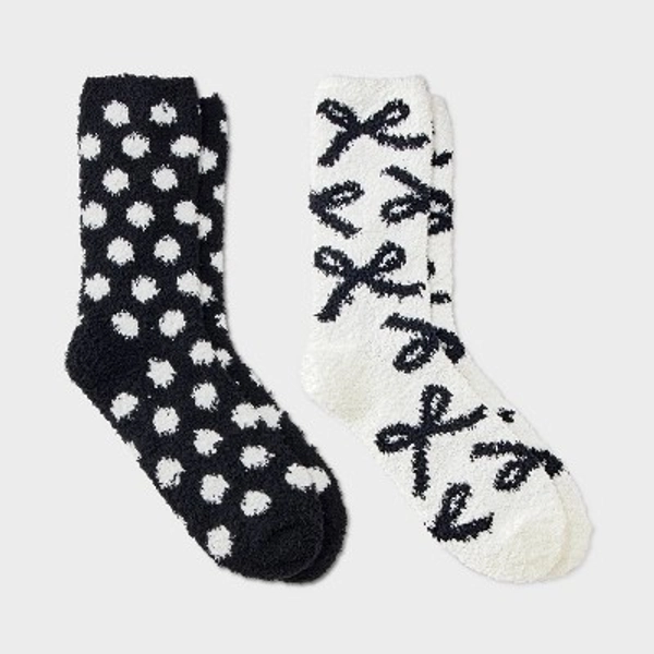 Women's Bows & Polka Dots 2pk Cozy Crew Socks - White/Black 4-10