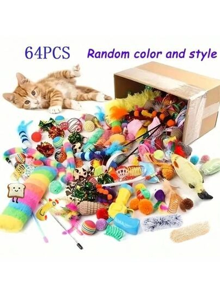 64pcs/48pcs/32pcs/16pcs Mixed Cat Toy Set - Variety Of Colorful Plastic Toys, Suitable For Multiple Cats, Keeps Cats Entertained Daily, Cat Toy Assortment Gift Pack, Cat Teaser Toys - Size Random 48-piece Set