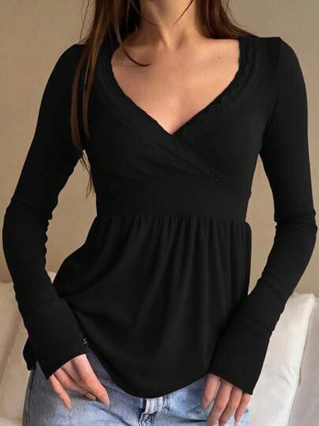 Awevudst Womens Rib Knitted Lace Trim Wrap V Neck Long Sleeve Peplum Tops Slim Fit Fairycore T-Shirts Harajuku Vintage Clothes Y2K Streetwear Blouse Tee Tops Casual Going Out Tops