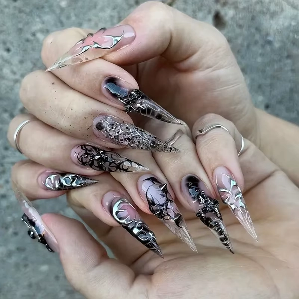 24Pcs Fashion Long Stiletto Press on False Nails with Y2k Design Wearable Black Stripe Almond Head Fake Nail Art Manicure Tips - AliExpress 