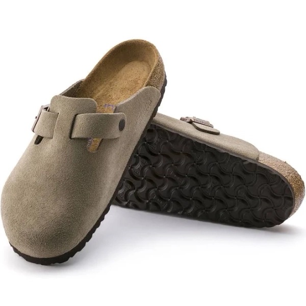 BIRKENSTOCK Boston Soft Footbed Suede Leather Taupe Clogs