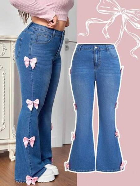 SHEIN MOD Blue Plus Size Jeans High Stretch Denim Pink Bow Sweet Jeans Valentine Jeans Slimming Bell Bottoms