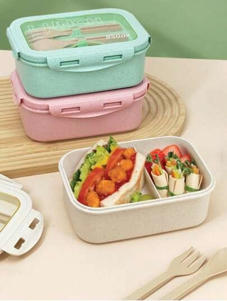 1pc Lunch Box With Two Compartments, Built-In Cutlery Set, Reusable And Microwave Heated (With Lid Removed), Suitable For Kitchen, Outdoor, School Supplies, And Kitchen Utensils