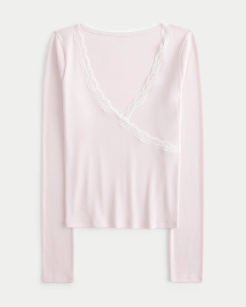 Long-Sleeve Lace Trim Wrap Top