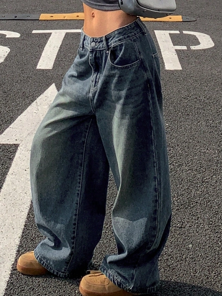 DAZY Denim Baggy Feminino Vintage de Perna Larga, Lavagem de Rua Solta e Desbotada, Estilo Y2K