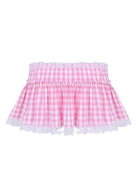 Women Gingham Plaid Miniskirt, Adults Sexy Lace Trim Princess Pleating Skirt Pink, Blue - Size M