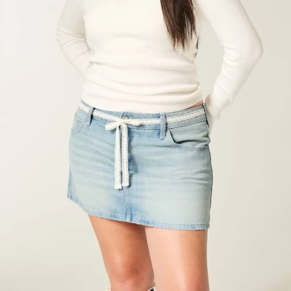 Hollister Women's Low-Rise Lace Tie Denim Mini Skort