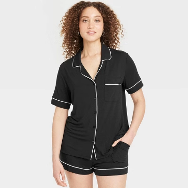 Women's Cloud Knit Modal Short Sleeve Notch Collar Top and Shorts Pajama Set - Auden™ Black XXL: Modal-Spandex Blend, Elastic Waistband