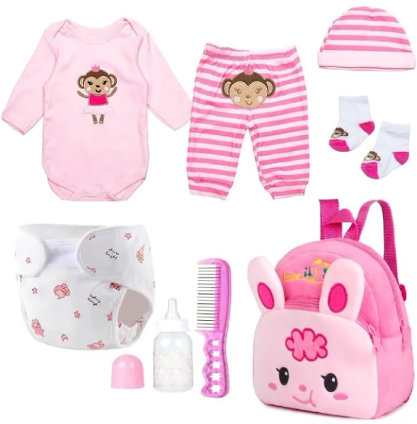 Pedoll Tree Reborn Baby Doll Clothes Set Pink 8pcs With Backpack &