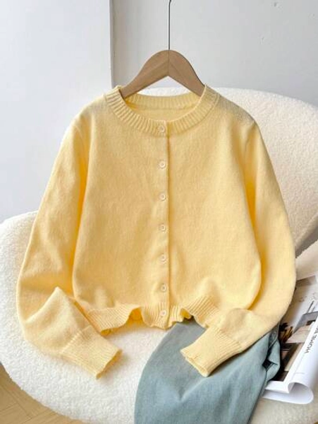 SHEIN Tween Girl Loose Casual Minimalist Comfortable Round Neck Open Front Solid Color Sweater Girl Cardigan Sweater Girls Button Down Cardigan,In Fall/Winter