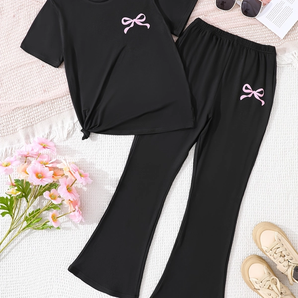 Bow Printed Short Sleeve Top + Horn Tight Bow Printed Pants Set - European and American Fashion Girls' Two Piece for Children's Outdoor Activities, Perfect for Outdoor
