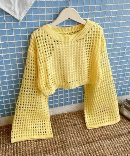 SHEIN Tween Girl Hollow Out Flared Bell Sleeve Knit Sweater