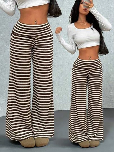 SHEIN PETITE Women's Casual Striped Fold-Over Waist,Autumn And Winter Warm Knitted Pants Wide Leg Pants Striped Pants Palazzo Pants Flare Leg Pants Bell Bottom Pants,Fall