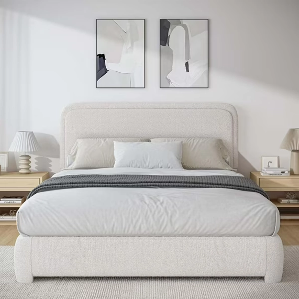 4 EVER WINNER Queen Size Bed Frame with Headboard, Boucle Fabric Upholstered Platform Bed Frame, Soft Curved Headboard, Cream