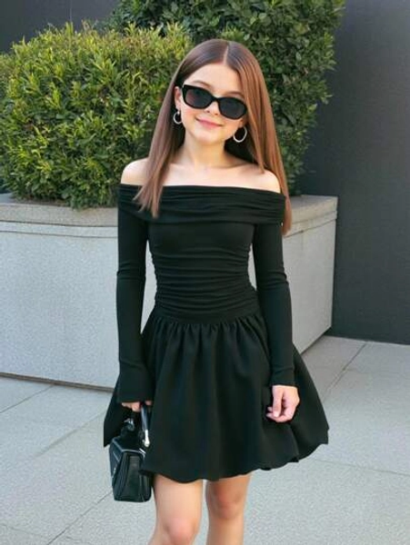 Firerie Kids Firerie Kids Tween Girl Solid Color Off Shoulder Ruffle Long Sleeve Ruched Hem Dress Fall Winter