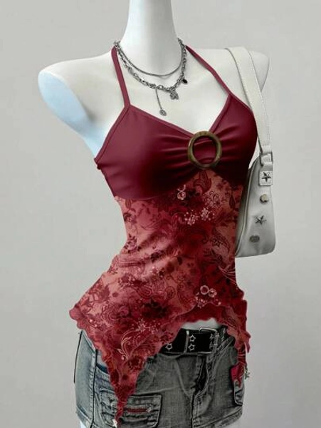 SHEIN EZwear Casual Retro Floral Print Mesh Camisole Top For Women, Suitable For Summer Wine Red Top Suitable For Going Out,Off The Shoulder Top