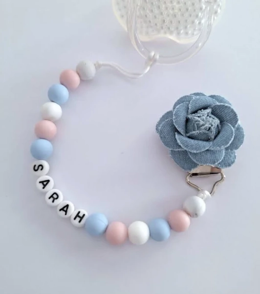 Personalized Denim Flower Pacifier Clip