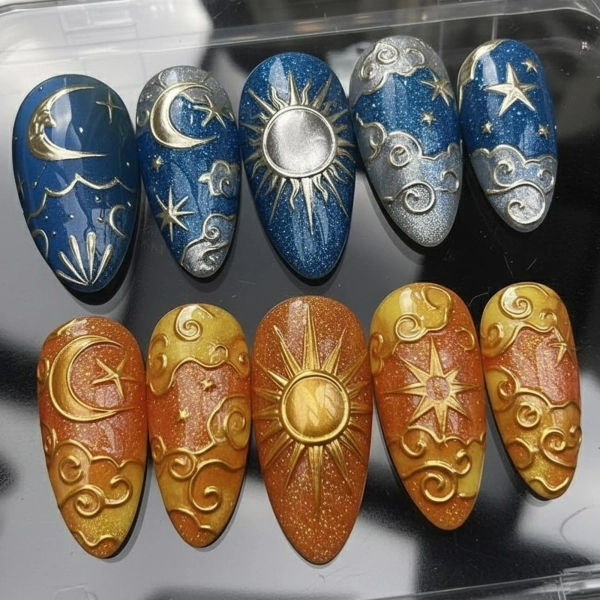 Handmade Celestial Sun & Moon Press On Nails | 3D Golden Galaxy And Cloud Art | Luxury Glitter Blue And Orange Astrology Almond Set