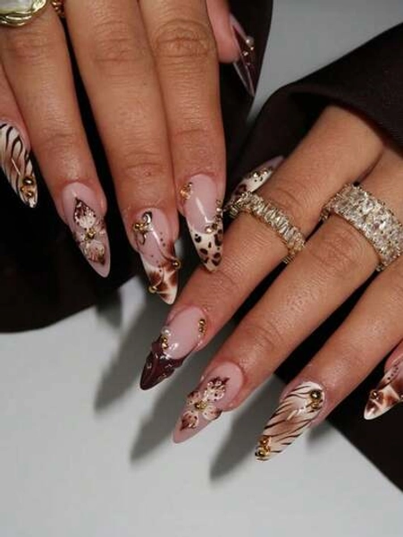 24pcs/Set Elegant Brown Leopard Ombre French 3D Flower Ripple Embellished Almond Shaped Press-On Nails, Includes Gel Polish And Nail File, Suitable For Girls/Women For Daily, Party, Autumn Nails