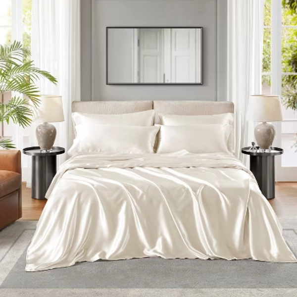 6 Pcs Solid Wrinkle-Free Satin Sheet Set, Silky Soft Touch Frezz-Reduce Luxury Sheets, OEKO-TEX Certified Premium Bedding Set, Ivory, Queen