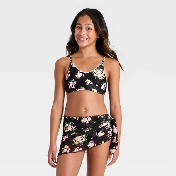 Girls' Floral Bouquet Three Piece Bikini Swimsuit with Sarong - art class™ Black/Pink XS