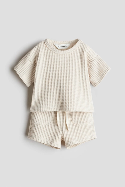 6-9 Months - H & M - 2-Piece Waffled Cotton Set - Light Beige