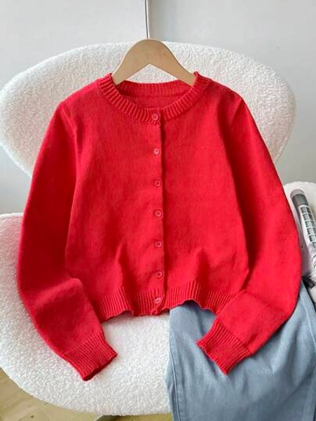 SHEIN Tween Girl Loose Casual Minimalist Comfortable Round Neck Open Front Solid Color Sweater Autumn Winter Clothes For Girl