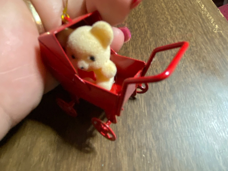 Vintage Flocked Bear in Baby Buggy 1980s Christmas Ornament 2"
