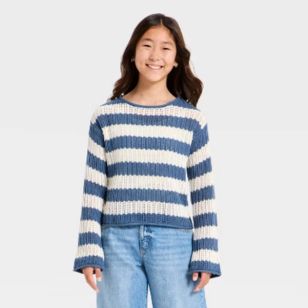 Girls' Open Knit Striped Sweater - art class™ Cream/Blue L
