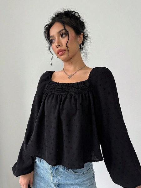 SHEIN Unity Women's Solid Color Square Neck Casual Long Sleeve Shirt Fall Cloth For Women