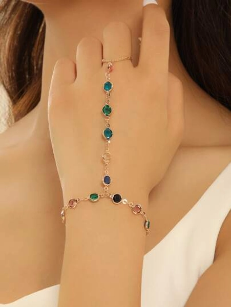 1pc Fashion Wrist Chain Bracelet Faux Pearl Pendant Connected Metal Finger Ring Bangle For Women Girls Hand Jewelry Gift