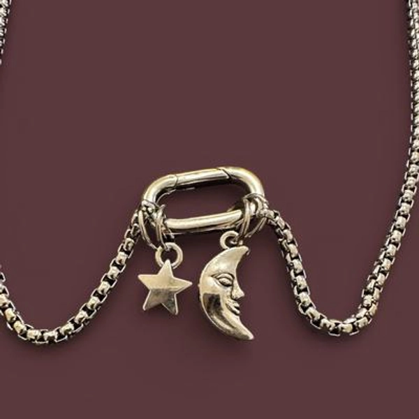 Moon Star Charm Necklace - Stainless Steel Box Chain, Front Clasp Holder