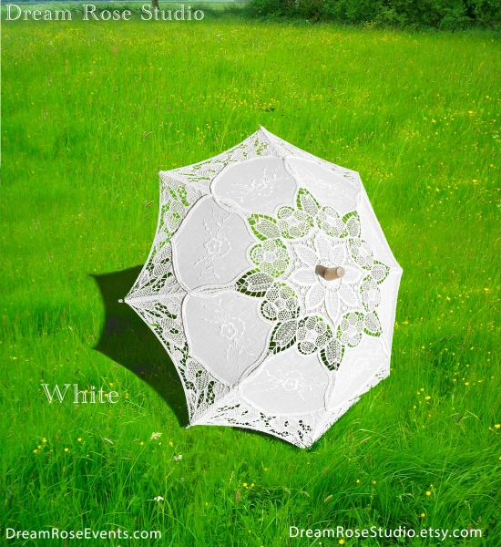 White / Beige Small Girls Victorian Lace Umbrella Parasol Handmade Detailed Cotton, Bamboo Handle, Wedding Gift, Decorations W-073