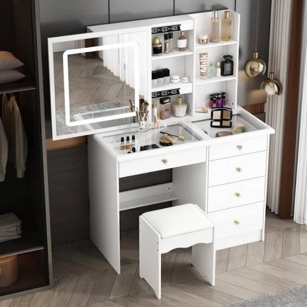 FUFU&GAGA White Makeup Vanity Table with Mirror, Storage Drawer, and Dressing Desk