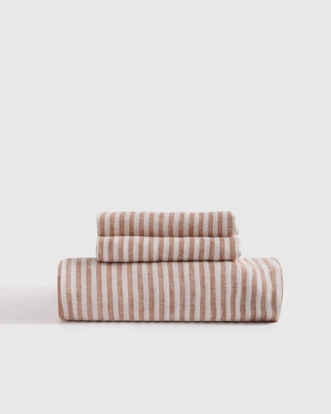 100% European Linen Stripe Fitted Sheet Set in Terracotta/White Stripe