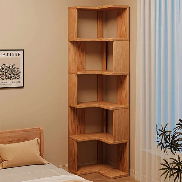 Full Solid Wood Corner Bookshelf, No Paint No Formaldehyde, Space-Saving Storage Shelf, 3/4/5 Tier Rustic Corner Bookcase, Stable Standing Bookcase for Bedroom Living Room Home Decor, Easy Assembly