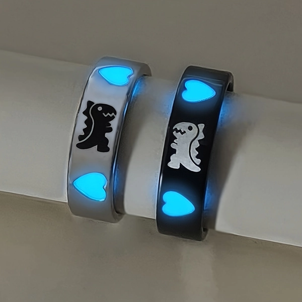 [Luminous Couple Ring Set] 2pcs/set Luminous Love Dinosaur I Love You Couple Ring - Ladies Fashion Love Commitment Ring