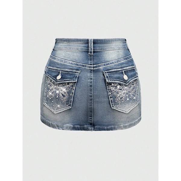 Retro Stretch Denim Skirt- High-Waisted Button-Front Casual Skirt, Machine Washable, Solid Color for Spring Summer Fall, Everyday Skirt, Vintage Style, Durable Denim, for Teenager