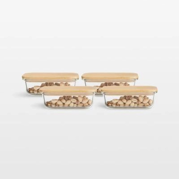 Crate & Barrel Rectangular Glass Storage Container with Bamboo Lid, 2-cup, Set of 4
