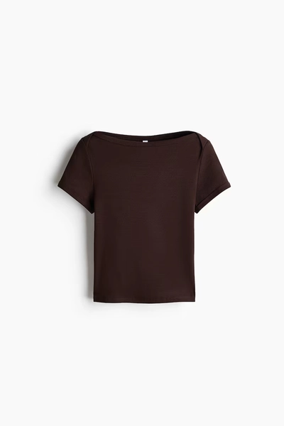 Ribbed Boat-Neck Top - Dark brown